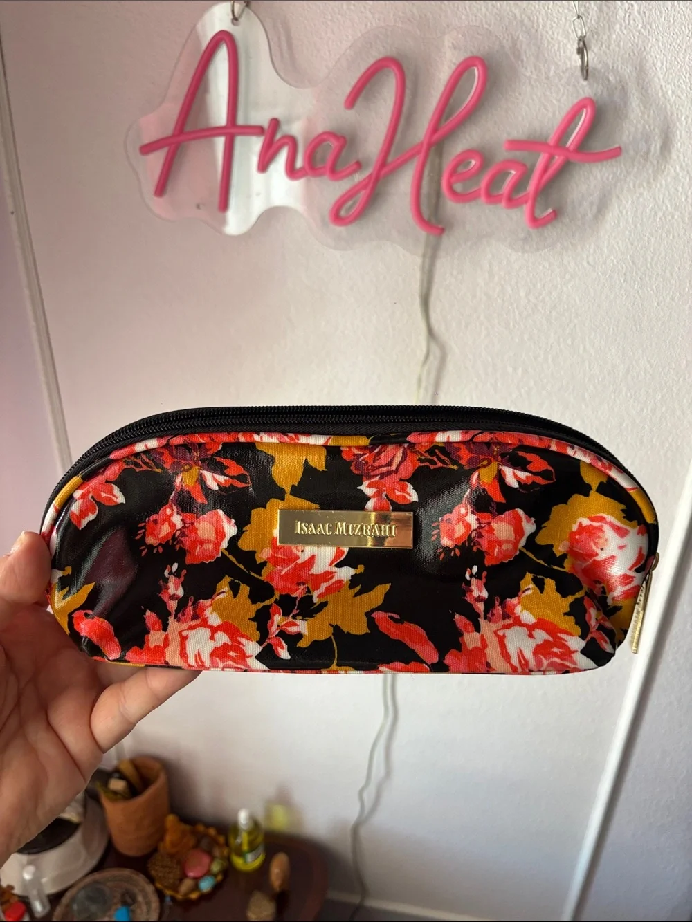 Isaac Mizrahi Black Floral Zip Cosmetic Pouch with Red & Mustard Blooms